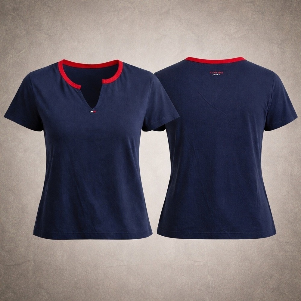 VTG NWT‎ Tommy Jeans Womens XL Navy Blue Red Ringer Split V-Neck T-Shirt